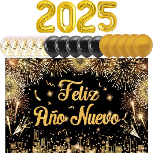 Decoración Año Nuevo 2025 - Pancarta Feliz Año Nuevo, Adorno Nochevieja, Globos, Fondo Cartel Con 15 Globos Happy New Year