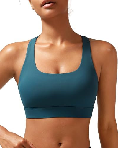 SONGSKY Sports Bras for Women, Medium-High Support Strappy Padded Running Sports Bras with Removable Cups, Airy Blue, XXL