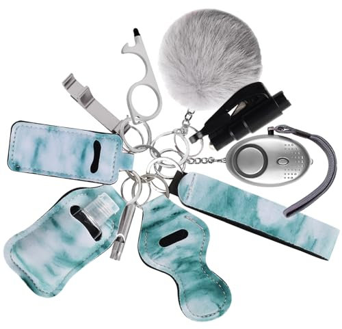 RosyFate Selbstverteidigung Schlüsselanhänger Set Frauen, 8 in 1 Self Defense Keychain Set, Sicherheits-Schlüsselanhänger-Zubehör, Sicherheitsalarm, Sicherheitshammer mit Gurtschneider (graues Cyan)