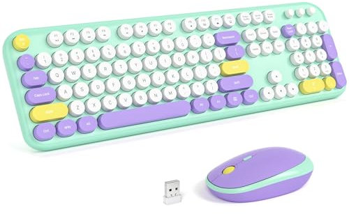 KNOWSQT Ensemble clavier et souris sans fil – Joli clavier coloré Tiffany bleu arc-en-ciel pleine grandeur, clavier rond Plug Play rétro mignon pour Windows, ordinateur portable, PC, ordinateur de