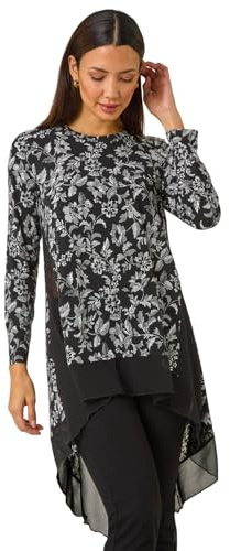 Roman Originals Chiffon Dipped Hem Top Asymmetric Tunic for Women UK Ladies Stretchy Jersey Flared Blouse Smart Fit & Flare Form Casual Loose Longline Party Hanky Tunics - Noir Grey - Size 20