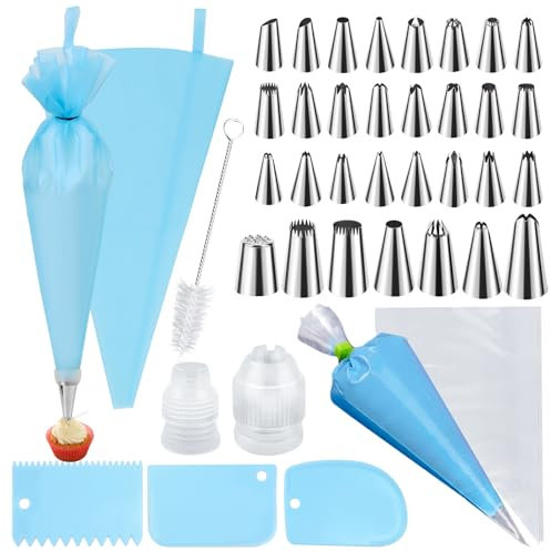 48 Pièces Douille Patisserie Kit, avec 31 Pieces Douille Patisserie, 10 Pieces Poche a Douille Patisserie, 2 Adaptateurs, 3 Grattoir, DIY Poche Douille Patisserie Kit pour Décoration