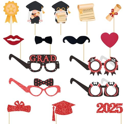 VEGCOO Accesorios de graduación para fotos, 16 unidades, para Photo Booth Gadget de graduación con gafas, sombrero, graduación, bigote, decoración de graduación, fotos, fiesta para niña y hombre