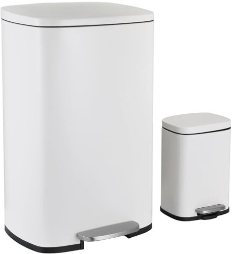 Clevich Juego de 2 cubos de basura, 50 L y 5 L, de metal con tapa de cierre suave, cubos interiores extraíbles, grandes cubos de basura para cocina y pequeños cubos de basura con pedal, juego de baño