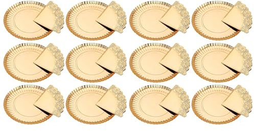Acan Tradineur - Pack de 12 bandejas Redondas de cartón con blonda, Fuente reciclable para Pasteles con Encaje de Papel, decoración de Fiestas, presentación de postres (Dorado - Ø 30 cm)