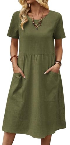Zeagoo Womens Dress Summer Short Sleeve Dress Ladies Elegant Tunic Dress Loose Plain Beach Dress A Line Cotton Linen Dress Casual Midi Dresses with Pockets Army Green M