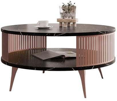 Mirjan24 Couchtisch mit Ablage Rajkon, Runde Form, Metallbeine, Kaffeetisch, Wohnzimmertische, Beistelltisch, Sofatisch, Teetisch (Black Pietra Grigia, Kupfer)