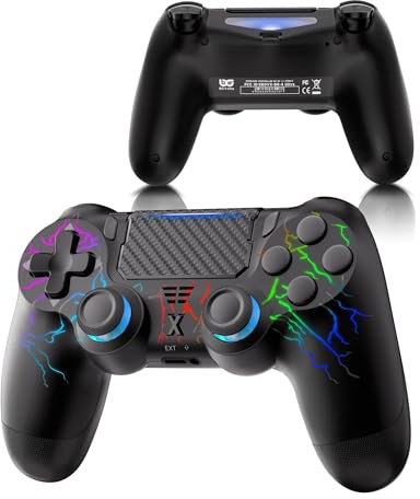 RUIZHI Mando LED para PS4 con Diseño de Rayo, Inalámbrico para Playstation 4, compatible con PS4/Pro/Slim/PC, con Batería de 1000 mAh Y Cable USB-C, 1 Unidad, Color Negro