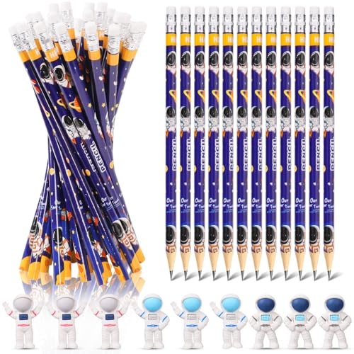 Dncvb 42 Pcs Weltraum Geburtstag Mitgebsel Astronaut Geburtstag Party Deko | 30 Weltraum Bleistifte und 12 Astronauten Radiergummis, HB Bleistifte Holzbleistifte für Give Away Geburtstagsdeko