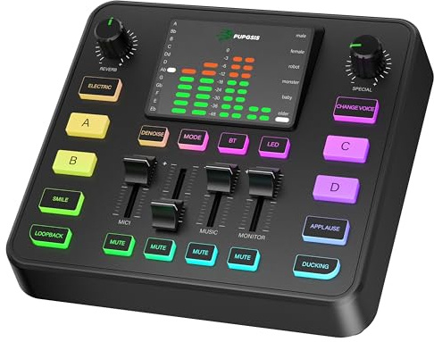 Pupgsis Gaming Audio Mixer, Audio Interface, Sound Board With Pro-Preamp, Noise Cancellation, RGB, Bluetooth, Volume Fader For Streaming/Podcasting/Gaming Maonocaster/Content Create, 6.35mm