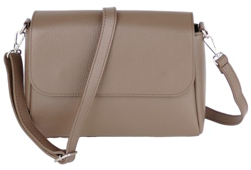 MIRROSI Umhängetasche Damen, Crossbody Bag, Echtleder Made in Italy (1 Tasche 2 Gurte oder Basic Version 1 Tasche 1 Gurt), 27x20x7cm (BXHXT) Mittelgroß (Basic Version (mit 1 Ledergurt): Taupe)