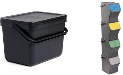 TATAY Poubelles de Cuisine | 1 Poubelle Organique Cuisine Smart 6L Noir sans Support + Set 4 Poubelles de Recyclage Easy Waste 20L Gris | Design Compact et Modulaire | Matériaux Recyclés
