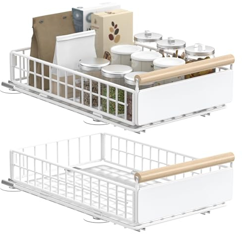 YheenLf 2Stück Teleskopschublade ohne Bohren,39.5×23.5×11cm,Weiß | Ausziehbare Schubladen Organizer Küche,Platzsparend, Leicht zu Reinigen, Aufbewahrungskorb für Küchenschränke Badezimmer