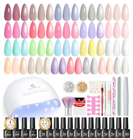 PEACECOLOR UV Nagellack Set mit Lampe, 22 Farben Weiß Nude Rosa Gelnägel Starterset mit Base und Top Coat Matte Glitzer, Nägel Selber Machen Nagelstudio Set für Frauen DIY Nageldesign
