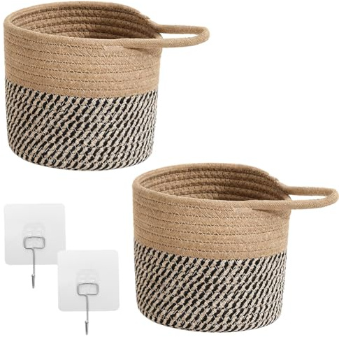 2 Stück Hängekorb, Wandkörbe Baumwollseilflechten 15 x 16 cm mit 2 Haken, Wandkorb Hängend Übertopf Korb, Aufbewahrungskorb Geflochten, Hängekorb Küche, Wohnzimmer,Bad(Braun/Schwarz)