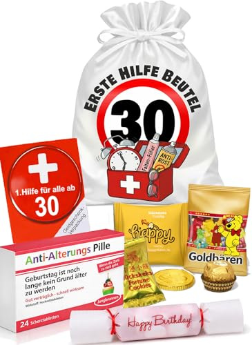Erste Hilfe Beutel zum 30. Geburtstag mit Geschenkbox & Anti-Alterungs-Scherzpillen – Lustiges Geldgeschenk Verpackung inkl. Satinbeutel, Glückskeksen & Konfetti-Bonbon