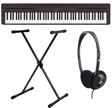 Yamaha P-45B - Piano digital / Set de piano de escenarios con soporte para teclado y auriculares (88 teclas, 64 voces, 10 voces preestablecidas, 4 efectos de reverberación, 2 amplificadores de 6 W, auto apagado, con soporte incluido, color negro