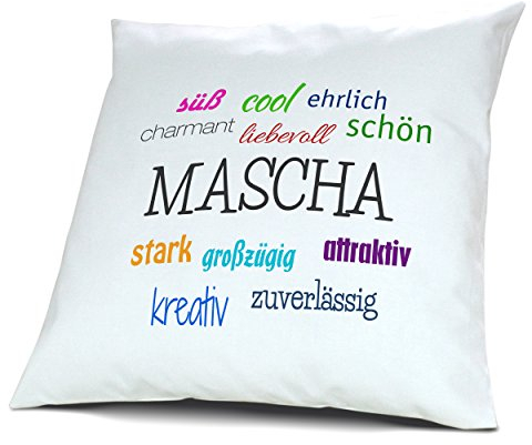 digital print Kopfkissen mit Namen Mascha - Motiv Positive Eigenschaften, 40 cm, 100% Baumwolle, Kuschelkissen, Liebeskissen, Namenskissen, Geschenkidee, Deko