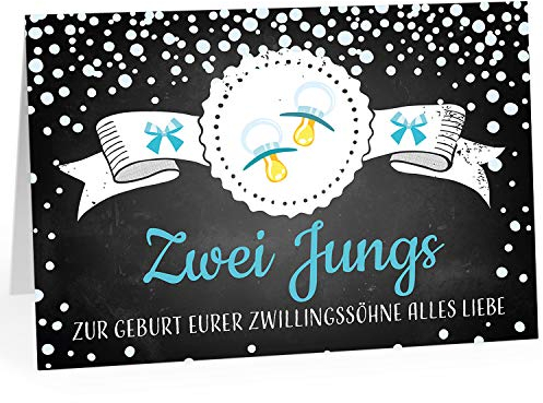 Große XXL Design Geburtskarte zur Geburt/Zwillinge/Klappkarte/mit Umschlag / A4 / Zwei Jungs Blau Schnuller/Baby geboren/Grußkarte zur Gratulation Eltern
