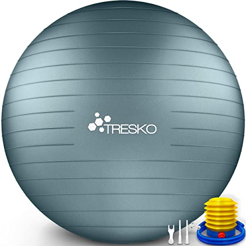 TRESKO Gymnastikball mit GRATIS Übungsposter inkl. Luftpumpe - Yogaball BPA-Frei | Sitzball Büro | Anti-Burst | 300 kg,Cool-Grau-Blau,55cm (für Körpergröße unter 155cm)