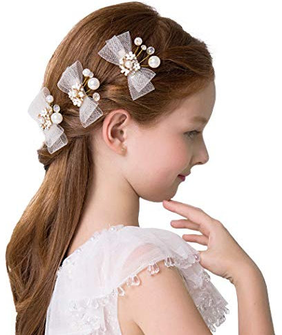 IYOU Fermaglio per capelli con fiocco in oro con fiore di perle e cristalli accessorio per capelli per la prima comunione per fiori e damigelle d'onore (confezione da 3)