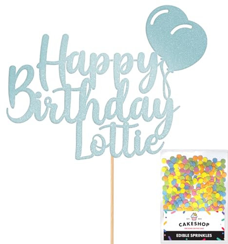 Personalised Happy Birthday Glitter Cake Topper Balloons - Light Blue Any Name Glitter Cake Decoration and Sprinkles - Happy Birthday Decorations - Personalised Toppers for Cakes by Cakeshop