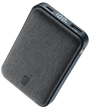 Cellularline GLAM PD 10000 Power Bank 10000mAh con Display LCD, Ricarica Rapida 20W, 3 Porte USB-C I/O 18W, Output 18W, Finiture in Tessuto, per Smartphone, Nero