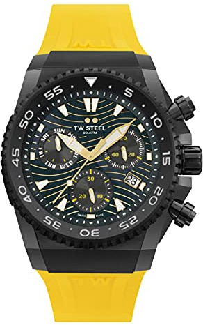 TW Steel ACE Diver Herren 44mm Quarzuhr mit schwarzem Zifferblatt, gelbem Silikonarmband und Datumskalender ACE414