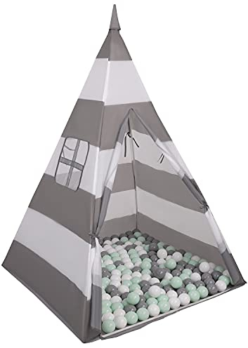 Selonis Tipi Spielzelt Mit 100 Bälle 6 cm Indianerzelt Für Kinder, Grau-Weiße Streifen:Weiß/Grau/Mint