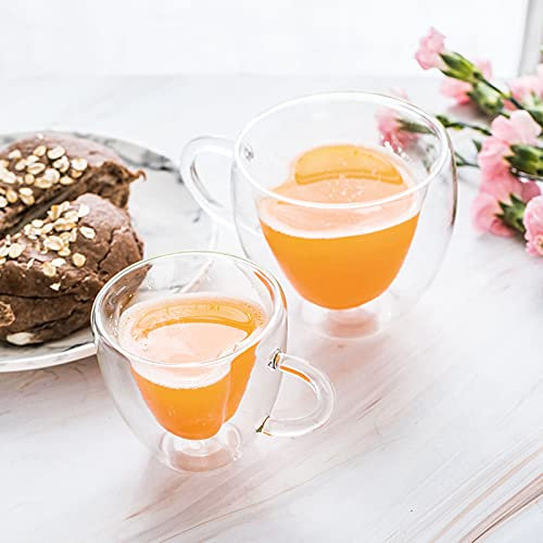 Double Walled Heart Shaped Coffee Mug,URMAGIC 2 Pcs 150/250ml Heart Shaped Cups with Handle,Clear Glass Coffee Cup,Insulated Tea Cup,Transparent Glass Mug,Heart Glass Cups(2 Pcs Coffee Mug)