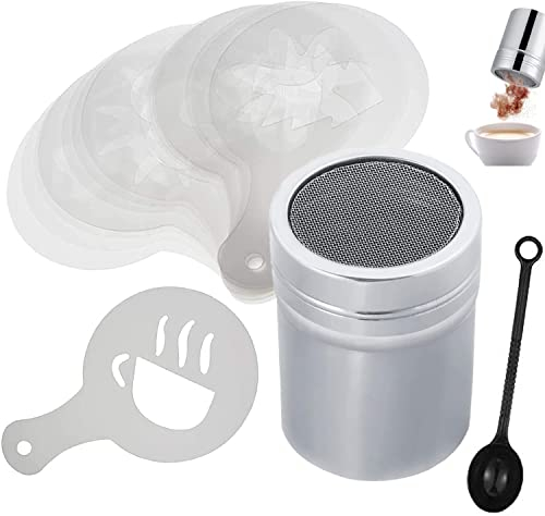 acdokuk Shaker à poudre, shaker à chocolat en maille d'acier inoxydable avec 16 pochoirs à café pour cuisine, boissons et pâtisseries