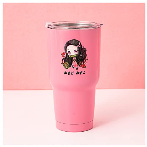 VENY TAYA Demon Slayer Tumbler with Lid, 30 Oz Water Cup Vacuum Insulated 8-12h, Anime Water Bottle Double Walls, Stainless Steel Coffee Mug for Home and Car, Nezukko (Pink)
