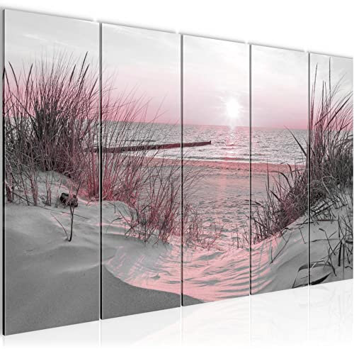 Runa Art Wandbild XXL Strand Sonnenuntergang Schlafzimmer Wohnzimmer 200 x 80 cm Rosa Grau 5 Teilig - Made in Germany - 041755b