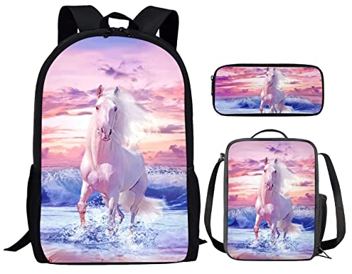 HELLHERO 3 in 1 Student Büchertasche für Kinder Mädchen Jungen Schulrucksack, pferd, Medium