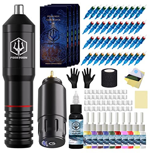 Tattoo Pen Kit - POSEIDON Wireless Tattoo Machine Kit, Tattoo Gun Kit with Tattoo Power Supply and 40 Pcs Tattoo Cartridge Needles, Complete Tattoo Kit Tattoo Supplies for Beginners(TK018)