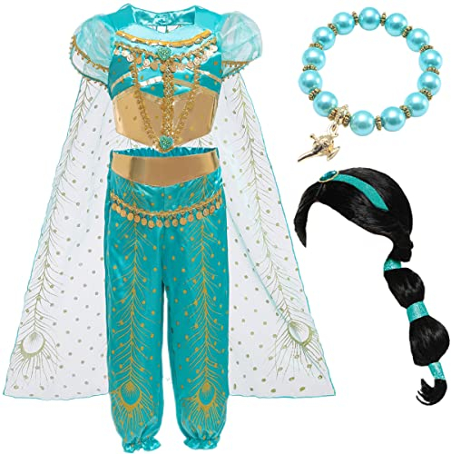 IWFREE Prinzessin Jasmin Mädchen Kostüm mit Perücke Armbänder für Kinder Cosplay Halloween Karneval Prinzessin Geburtstag Party Verkleidung Aladdin Tanzen Oberteil und Hose im Set 3-9 Jahre