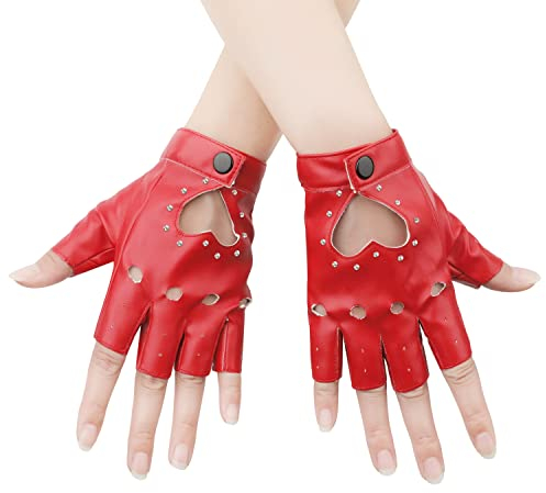 KINBOM 1 Paar Punk Handschuhe Fingerlos, Stilvolle Punk Handschuhe mit Strass Fingerlose Handschuhe aus Leder für Halloween Frauen Mädchen Cosplay Leistung (Rot)
