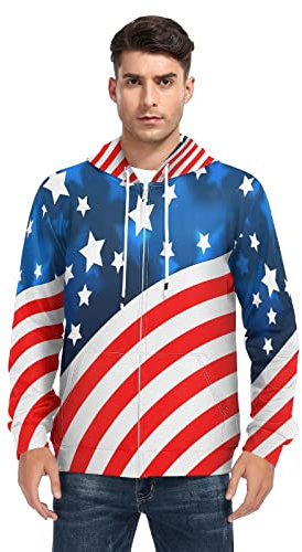 Linomo Herren Hoodie USA Amerikanische Flagge Pullover Reißverschluss Hoodies Kapuzenpullover mit Tasche, mehrfarbig, XXL
