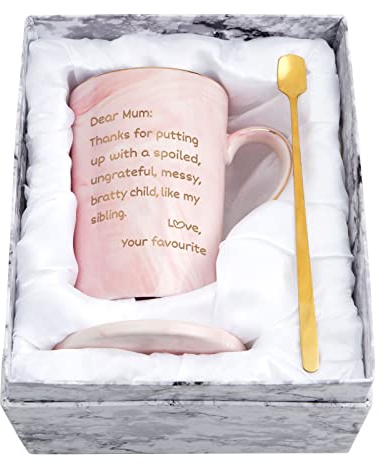 Funny Mothers Day Gifts Mom Marble Ceramic Coffee Cup, Best Birthday Gifts for Mom from Daughter Son Coffee Cup with Dear Mom, Thanks for Putting up with a Spoiled. Love, Your Favorite, 14Oz Pink