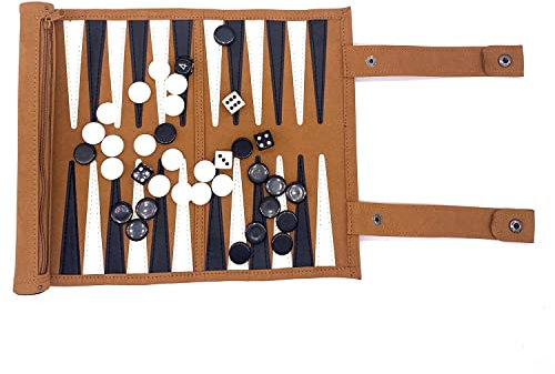 Travel Backgammon Set, Portable 18.5inch Leather Backgammon Sets, Roll-Up Travel Backgammon Game, Tactical Board Game Ideas (Brown Leather)