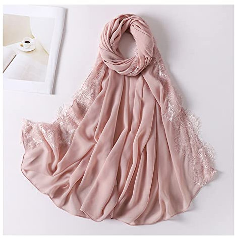 Yurosiay Damen Schal Stola Chiffon Kopftuch Mit Spitzen Leichte Weich Lange Halstücher Mode Elegant Head Wrap Scarf Chiffon Umhang Cape Damen Chiffon Schal für Ganzjährig 70×175cm Rosa