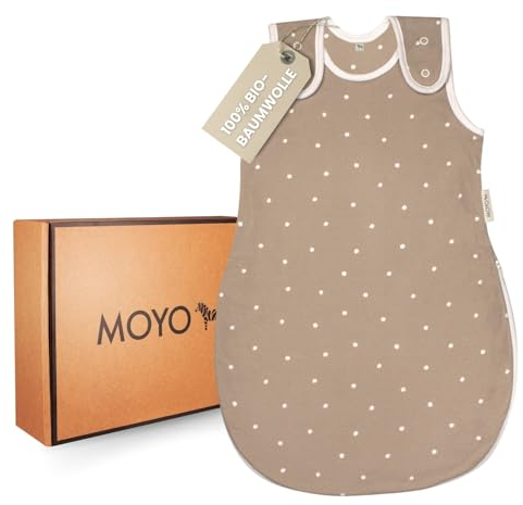 MOYO Baby Schlafsack in Taupe mit Tupfen I Atmungsaktiver Sommerschlafsack 1.0 TOG in 62/68 I Kinder-Schlafsack aus 100% Bio-Baumwolle I GOTS-zertifizierter Babyschlafsack für Neugeborene