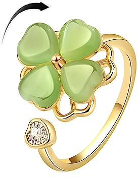 IMINI Grüner vierblättriger Kleeblatt-Spinner-Ring CZ Liebe Herz Katzenauge Stein Blume Stapeln verstellbar offen Relief Stress Fidget Fingerbänder Versprechen Ewigkeit zierlicher Glücksschmuck