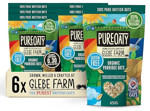 Glebe Farm Gluten Free PureOaty Organic Porridge Oats 6PK, Healthy Wholegrain For Slow Release Energy, 100% British, All-Natural & High In Fibre, Tasty Porridge, No Nasties, 6x 450g