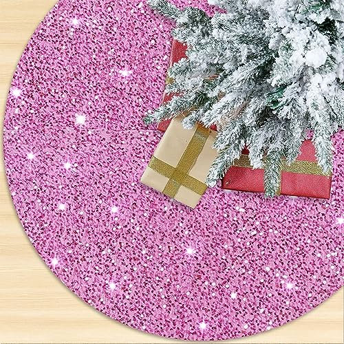 Pink Tree Skirt Small Sequin Christmas Tree Skirt 21 Inch Velvet Mini Tree Skirt for Pencil Tree Glitter Christmas Tree Skirts Pink Tree Collar Sparkle Tree Skirt for 4FT Tree Christmas Decorations