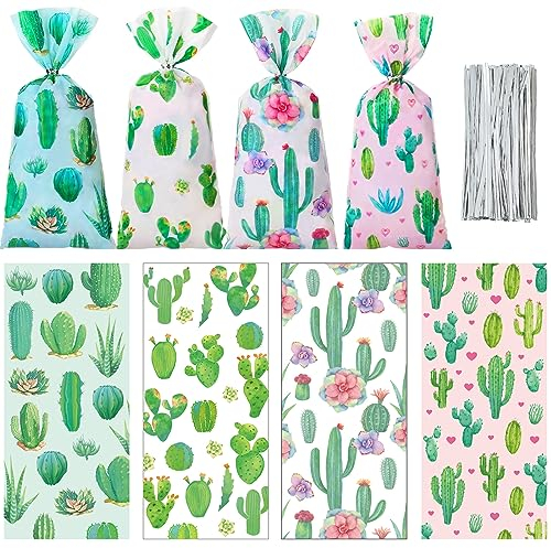 Fulmoon 100 Stück Kaktus-Blumen-Partygeschenke, Süßigkeiten-Geschenktüten, Zellophantüten mit Bändern, Fiesta, Kaktus, Partygeschenke, Geschenk, Leckerli-Beutel, Süßigkeitentüten,