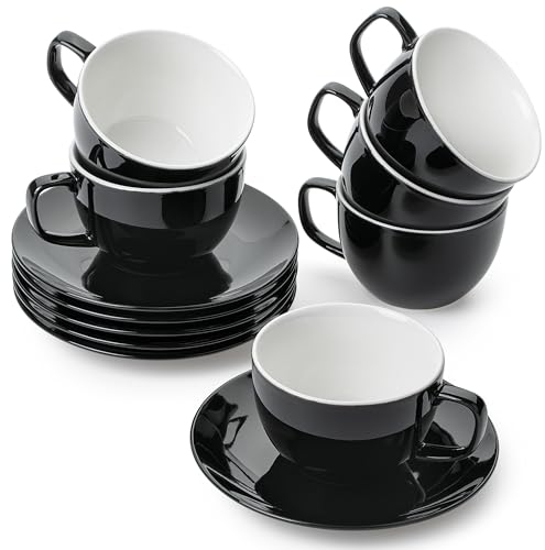 BTaT- Juego de 6 tazas de té y platillos de 6 onzas, tazas de té de porcelana, juegos de tazas y platillos negros, juego de 6 tazas de té para adultos, juego de 6 tazas de té y platillos a granel,