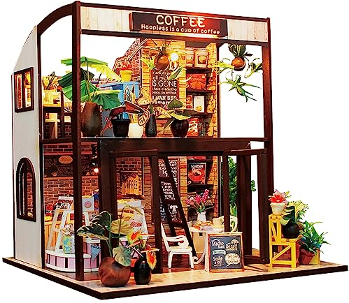 deAO Kit da casa di Bambole in Legno, Casa delle Bambole in Miniatura con Mobili, Casa in Miniatura Fai da Te in Legno, Set Fai da Te in Miniatura, Kit Fai da Te, Scala 1:24 (Coffee House)