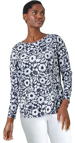 Roman Originals Floral Print Stretch Top for Women UK - Ladies Everyday Autumn Winter Round Neckline Comfy Soft Evening Vacation Work Party Night Out - Grey Navy - Size 12