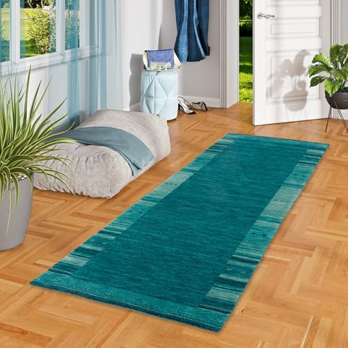 Pergamon Natur Teppich Läufer Gabbeh Esta Blau Petrol - Wollteppich für Flur und Diele - Handgewebt, Weich, Langlebig - Klassisches Design